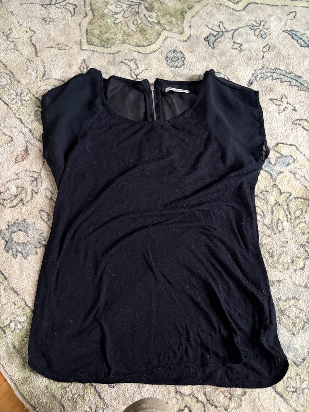 American Eagle Black Short Sleeve Sheer Yoke Women's Top